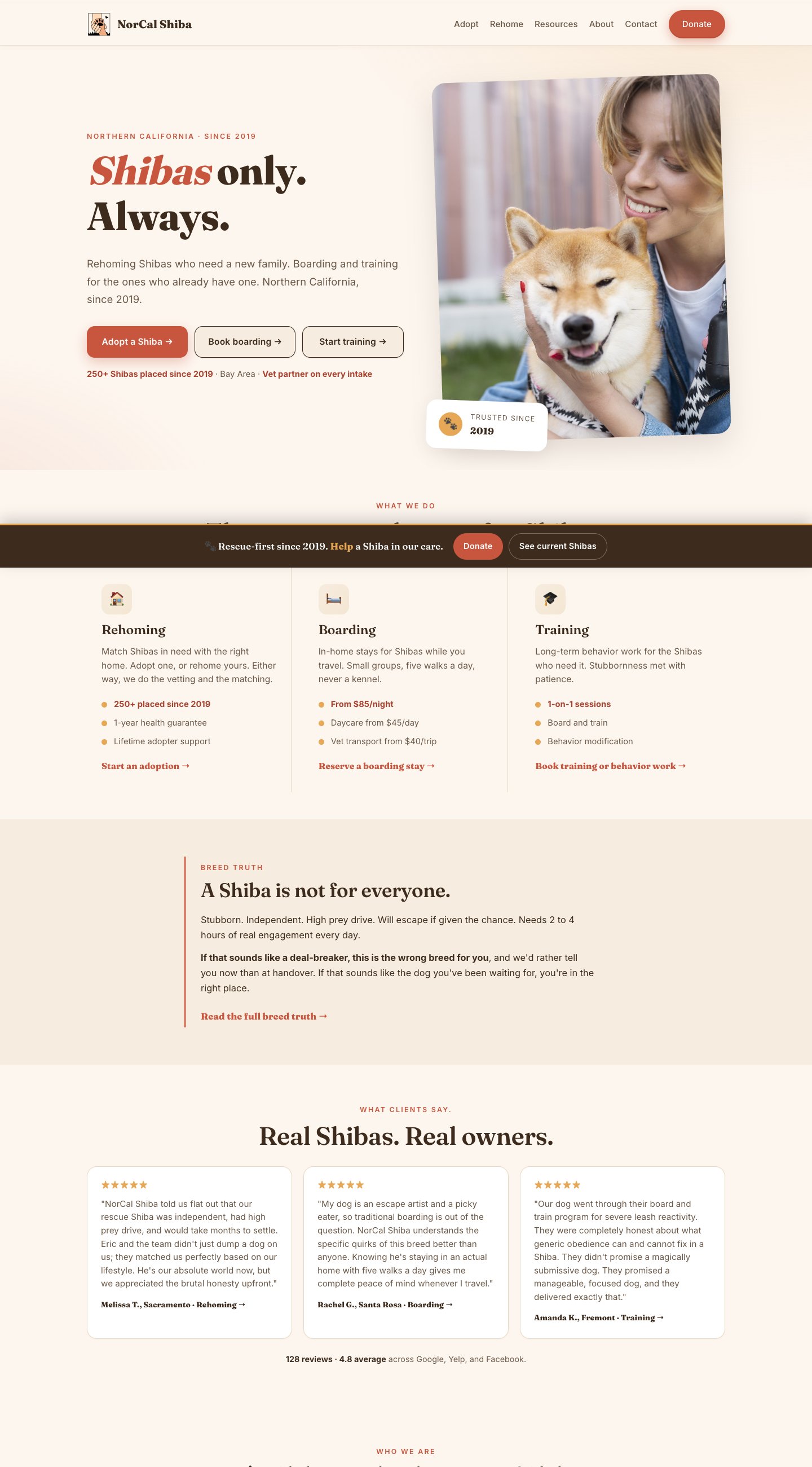 Current NorCal Shiba homepage capture. Use Visit website to interact with the live website.